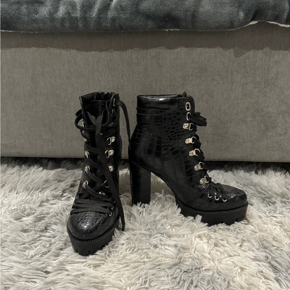 Simmi Shoes Black Lace Up Heeled Booties